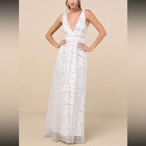 Lulus Womens Solita White Sequin Mesh Sleeveless Maxi Dress L Bridal Prom Event